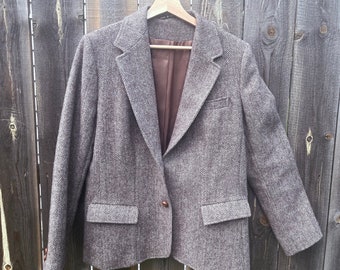 Vintage 1970s Pure Wool Herringbone Blazer, Women's Size 16 Large, Grey Tweed Wool, Ivy Style, Dark Academia