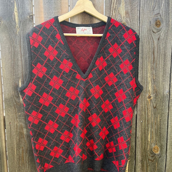 Vintage 1960s Byford Red and Gray Wool Argyle Sweater Vest, Mens Size Large, Red Plaid Pure Wool, Made in England