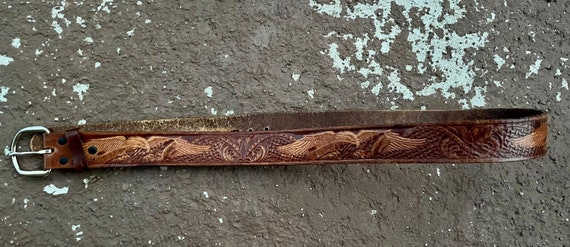Vintage Handmade Tooled Brown Leather Belt Fits 3… - image 1
