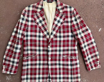 Vintage 1970s Cricketeer Red Plaid Wool Sports Coat, Men's Size 38/40, Retro Blazer, Union Made in USA, Preppy Fashion