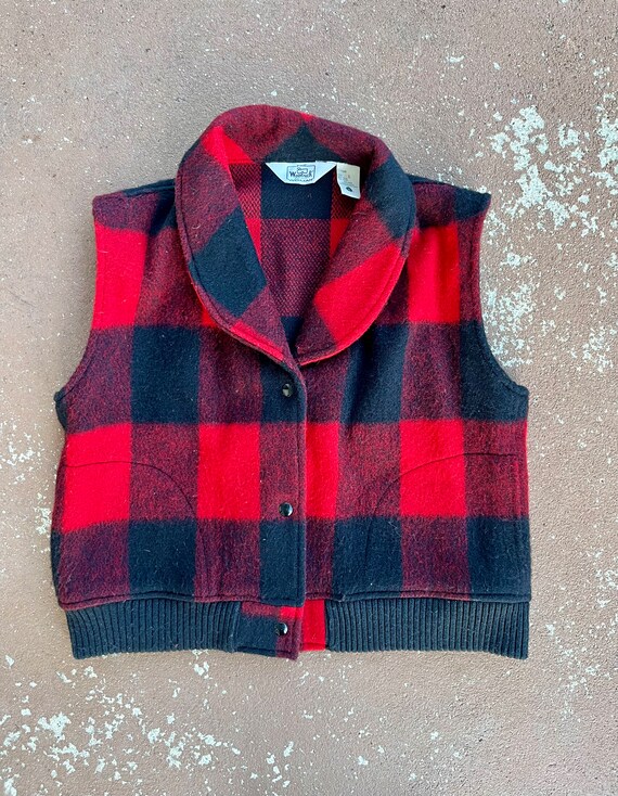 Vintage Woolrich Red and Black Plaid Cropped Vest… - image 2