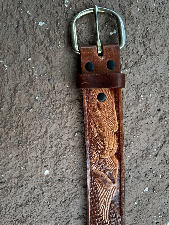 Vintage Handmade Tooled Brown Leather Belt Fits 3… - image 6