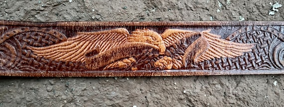 Vintage Handmade Tooled Brown Leather Belt Fits 3… - image 2