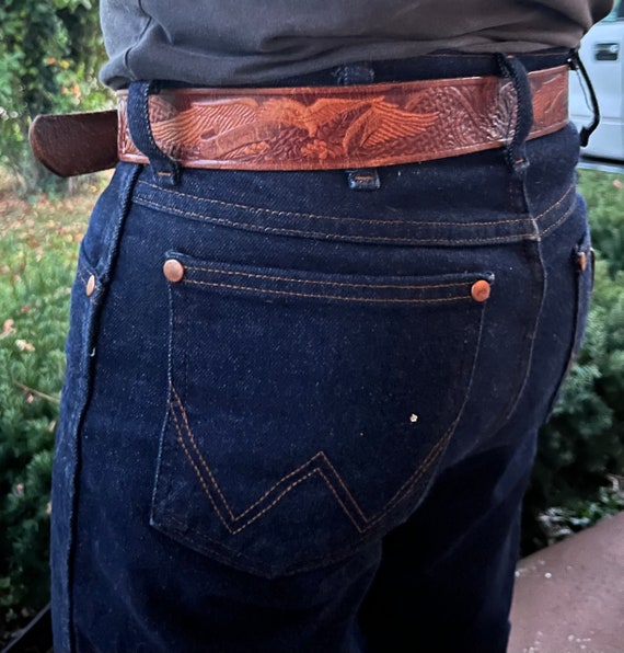 Vintage Handmade Tooled Brown Leather Belt Fits 3… - image 4