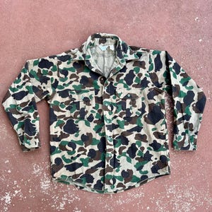 Vintage 1970s Cloudcover Duck Camo Chamois Shirt, Größe L, Frosch Haut schweres Flanell Button Down Shirt, Vintage Sportsmen's Guide