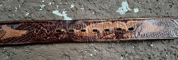 Vintage Handmade Tooled Brown Leather Belt Fits 3… - image 5