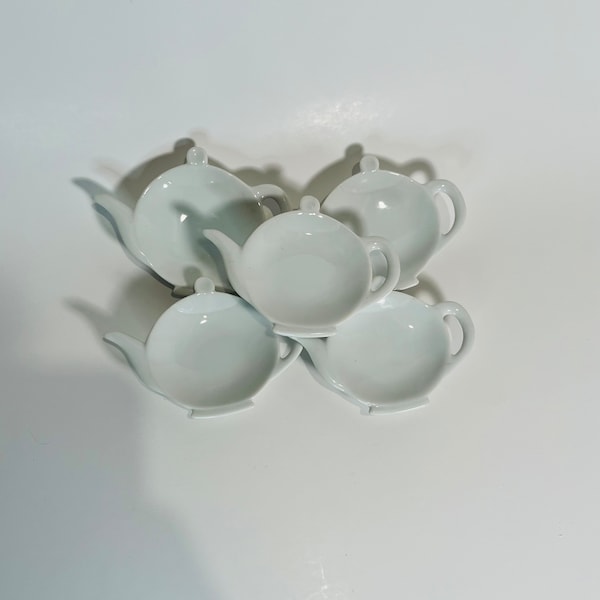 1950s White Porcelain Tea Bag Holders, Shaped like Tea Pot, Made in Japan, Japanese Ceramics, Set of 5, Kettle Shaped
