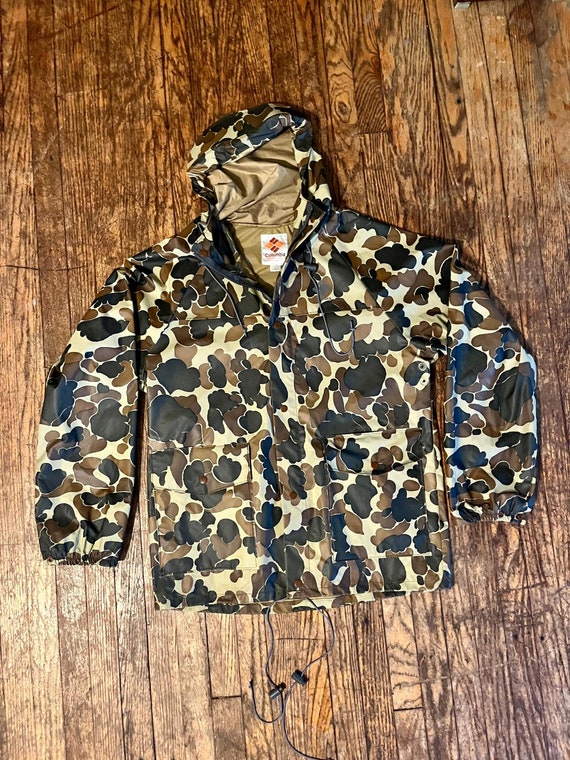 Vintage 1980s Columbia Duck Camo Rain Jacket, Size Large, PVC  