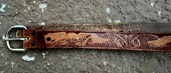 Vintage Handmade Tooled Brown Leather Belt Fits 3… - image 3