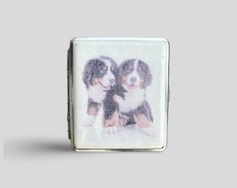 Vintage Faux Leather Wrapped Chrome Cigarette Case, Vintage Cigarette Case with Puppies