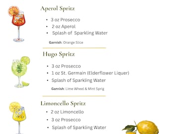 Spritz Bar Printable | Cocktail Menu | Aperol Spritz Recipes | Shopping List | Digital Download