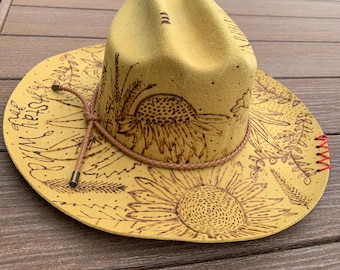 Hand-Burned Sunflower Cowboy Hat – One Size Fits Most Upcycled Western Wear