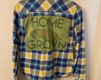upcycled Iowa  ear of corn flannel shirt plaid