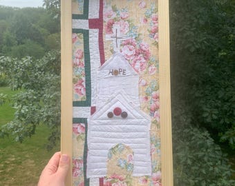 Framed quilted church made from vintage quilts