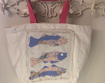 Handmade Fish Appliqué Tote Bag, 20x17 inches, Heart Detail