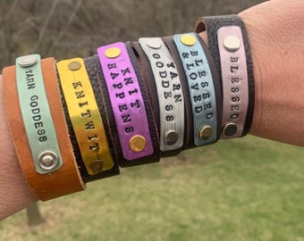 Knitting needle leather bracelet with magnetic clasp upcycled leather and metal