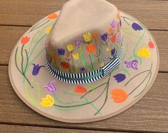 Hand painted flowers Cowboy Hat – One Size Fits Most Upcycled Western Wear