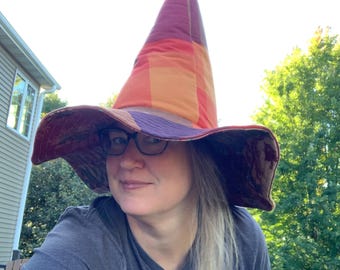 Reversible Floral Plaid Witch Hat, Upcycled Fabric, 25" Circumference