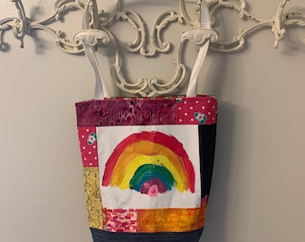 Rainbow tote bag upcycled canvas art