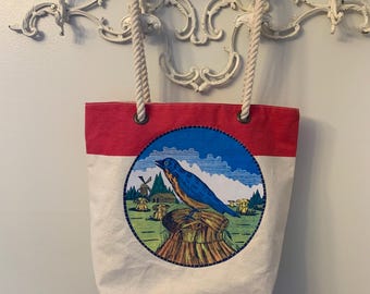 Upcycled Bird Tote Bag, Bluebird Flour Sack Design