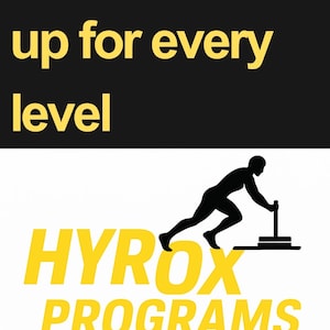 以下が含まれることがあります： 黒い背景に黄色の文字で「8 Week Build up for every level」と書かれたグラフィック。 下には、黄色の文字で「HYROX PROGRAMS」と書かれています。 重り付きのそりを押す人の黒いシルエットも表示されています。