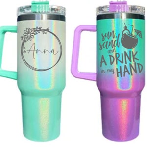 Laser Engraved Custom Personalized 40 oz Insulated Stainless Steel Shimmer Ombre Tumbler with Handle, Lid, and Straw