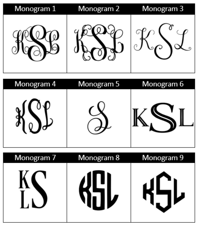 May include: Nine different monogram designs featuring the letters K, S, and L. The monograms are in various styles, including script, block, and circular.