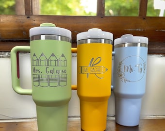 Laser Engraved Custom Personalized 40 oz Insulated Stainless Steel Tumbler with Handle, Lid, and Straw - V2