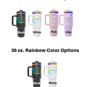 May include: A set of six stainless steel tumblers with different color options and personalized designs. The tumblers are available in 40 oz and 30 oz sizes. The designs include "Girl's Trip 2023", "Kayla", "Anna", and "We survived because we could not be killed".