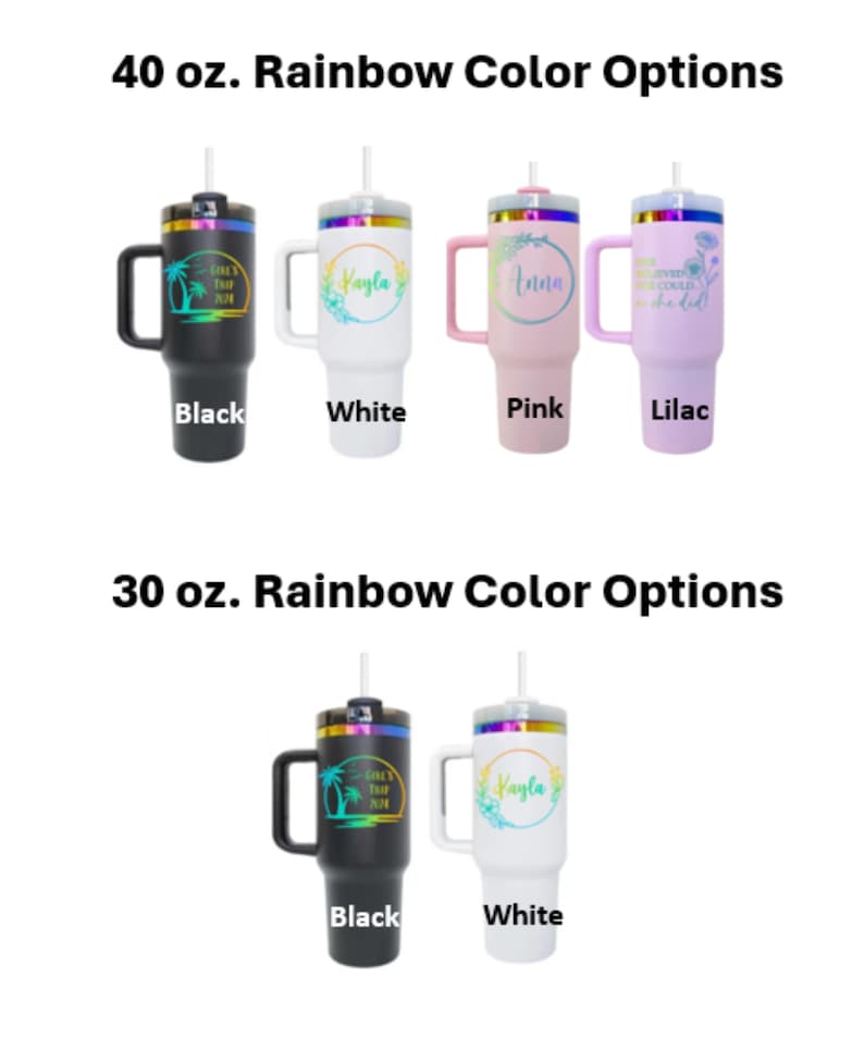 May include: A set of six stainless steel tumblers with different color options and personalized designs. The tumblers are available in 40 oz and 30 oz sizes. The designs include "Girl's Trip 2023", "Kayla", "Anna", and "We survived because we could not be killed".