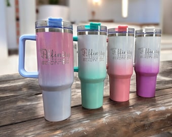 Laser Engraved Custom Personalized 40 oz Insulated Stainless Steel Shimmer Ombre Tumbler with Handle, Lid, and Straw