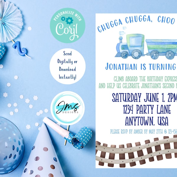 Choo Choo Turning Two Birthday Party Full Customizable Invite, Digital, Instant Download, Boy Party, Train Party