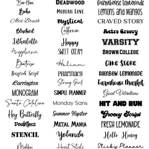 May include: A graphic image with a collection of 36 different font styles and names. The fonts are displayed in black text on a white background.