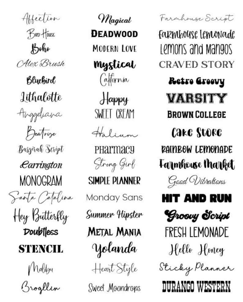May include: A graphic image with a collection of 36 different font styles and names. The fonts are displayed in black text on a white background.