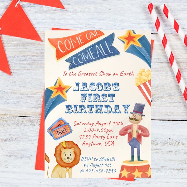 Circus, Greatest Show on Earth, Come One Come All Birthday Invitation, Digital Invite, Instant Download, Customizable, Editable,