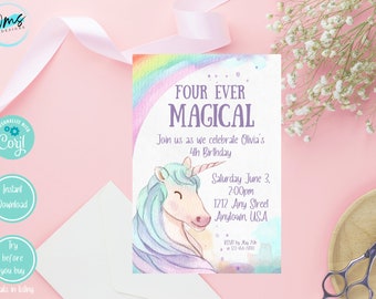 Quatre jamais magiques licorne fête d'anniversaire, invitation numérique, téléchargement immédiat, fête entre filles, rose, arc-en-ciel, faire-part aquarelle