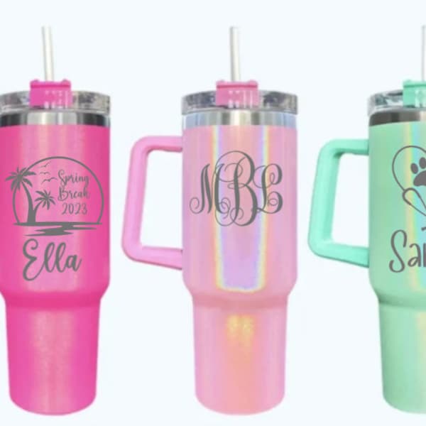 Laser Engraved Custom Personalized 40 oz Insulated Stainless Steel Shimmer Tumbler with Handle, Lid, and Straw