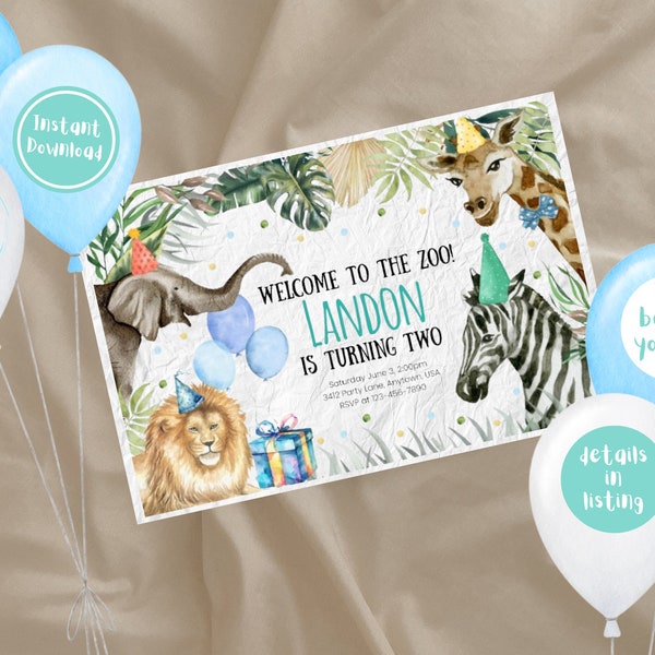 Welcome to the Zoo Birthday Party, Safari Party, Digital Invite, Instant Download, Customizable, Editable, Birthday Party Invitation