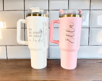Laser Engraved Custom Personalized 40 oz Gold Plated Insulated Stainless Steel Tumbler with Handle, Lid, and Straw