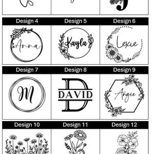 May include: Twelve different designs for personalized gifts, featuring floral wreaths, initial monograms, and handwritten names.  The designs are labeled with numbers 1 through 12.  The text "Birth Month Flowers" is at the bottom of the image.