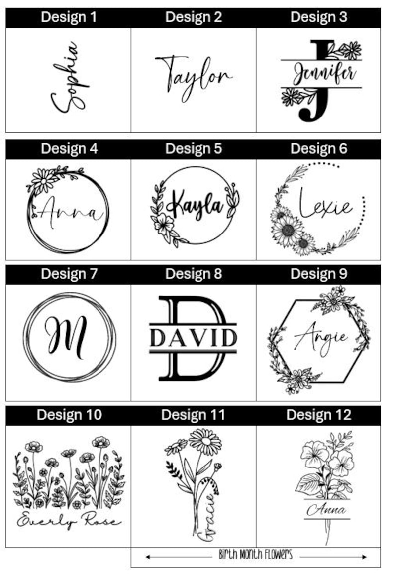 May include: Twelve different designs for personalized gifts, featuring floral wreaths, initial monograms, and handwritten names.  The designs are labeled with numbers 1 through 12.  The text "Birth Month Flowers" is at the bottom of the image.