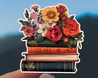 Floral Books Stack Sticker: Book Lover Gift