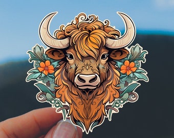 Floral Highland Cow Sticker - Western Coo Art
