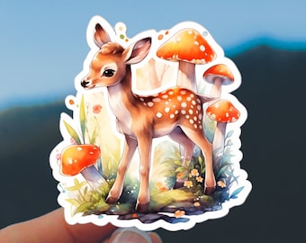 Baby Deer Watercolor Sticker: Mushroom Forest Fawn