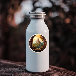 May include: A light blue water bottle with a silver cap. The bottle features a round sticker with a fantasy landscape scene. The sticker shows a castle, a book, and bookshelves, all framed by an archway, with a warm, golden sky.