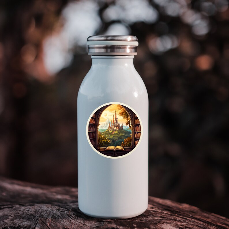 May include: A light blue water bottle with a silver cap. The bottle features a round sticker with a fantasy landscape scene. The sticker shows a castle, a book, and bookshelves, all framed by an archway, with a warm, golden sky.