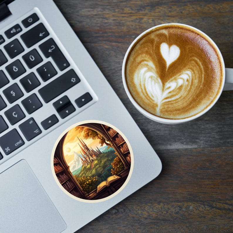 May include: A round sticker featuring a castle scene viewed through an arched window, with bookshelves on either side. A laptop and a cup of coffee with latte art are also in the image. The coffee art is a heart shape.