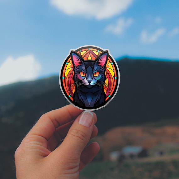 Black Cat Stained Glass Style Sticker: Laptop, Water Bottle, Phone