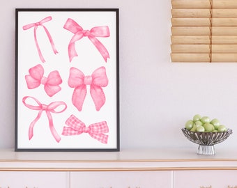 Coquette Bow Printable Wall Art, Pink Bow Art Print, Ribbon Bow Print, Coquette Pink Bows Poster, Trendy Wall Art, Trendy Bow Wall Art