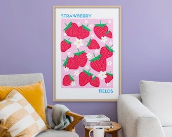 Strawberry Fields Print | Pobieranie sztuki cyfrowej | Truskawki Fruit Market Wall Art | Czerwony i różowy kuchenny wydruk artystyczny | Urocza sztuka ścienna